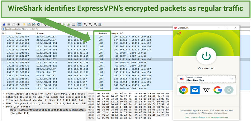 ExpressVPN hides its encrypted traffic from the WireShark network inspection tool
