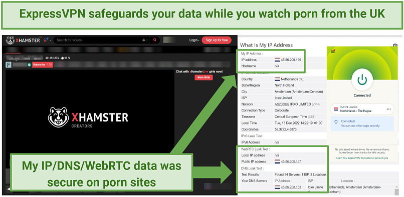 A picture of ExpressVPN used for watching porn on xHamster with encryption and leak protection