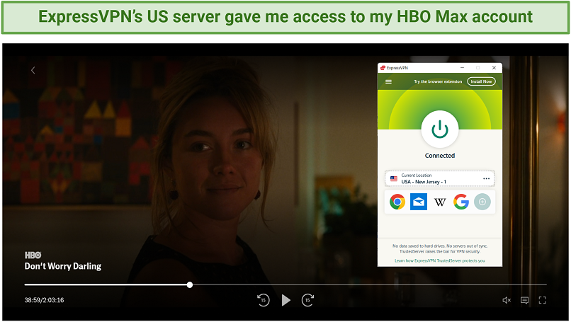 Screenshot of ExpressVPN successfully unblocking HBO Max