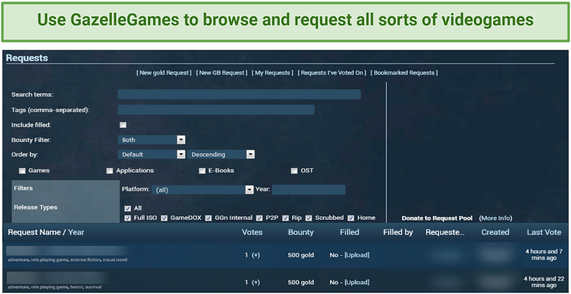 Screenshot of a request section on Gazelle Games private torrenting tracker