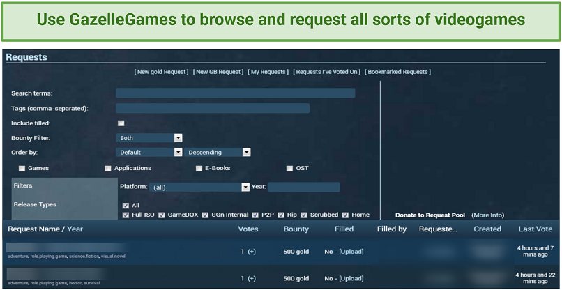 Snímek sekce požadavků na Gazelle Games Private Torrenting Tracker