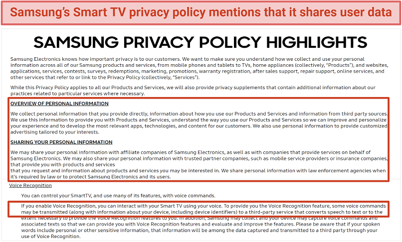 Screenshot of Samsung's Smart TV privacy policy