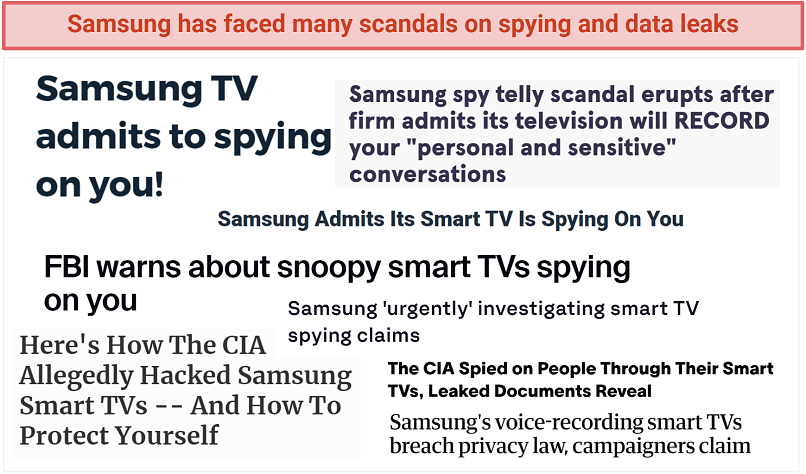 Screenshot of articles reporting on Samsung Smart TV spying scandal