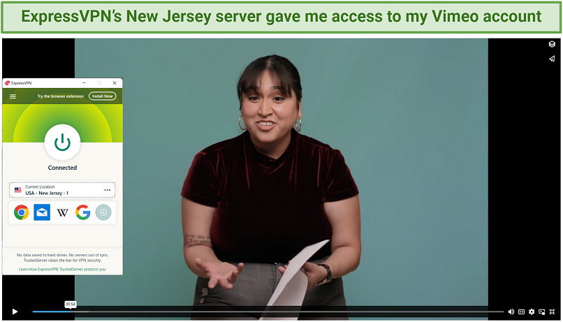 Screenshot of ExpressVPN successfully unblocking Vimeo