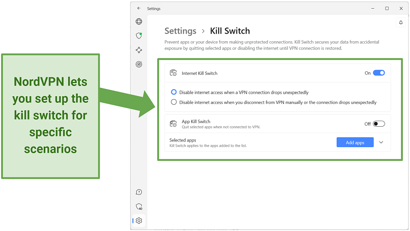 Screenshot of NordVPN app showing the kill switch settings