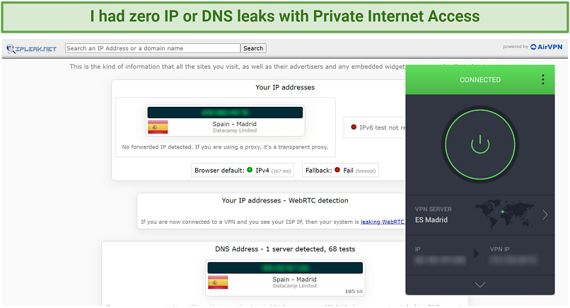 Screenshot of PIA successfully passing a DNS and IP leak test