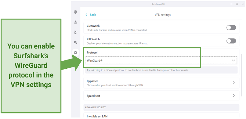 Screenshot of Surfshark VPN settings screen
