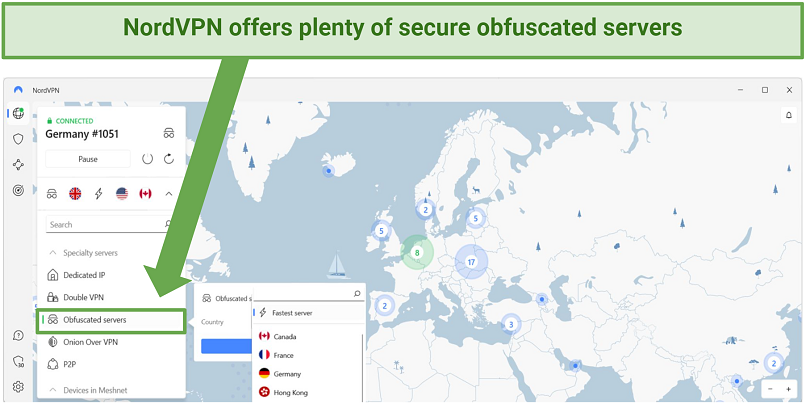 Screenshot of NordVPN's tab with obfuscated servers