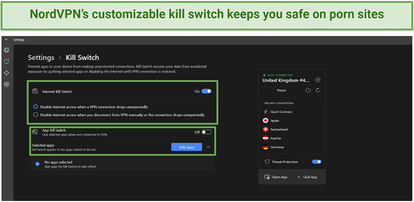 A screenshot of NordVPN's settings showing a configurable internet and app kill switch