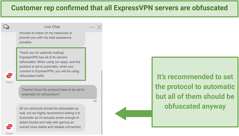Screenshot of ExpressVPN's rep explaining VPN obfuscation via live chat