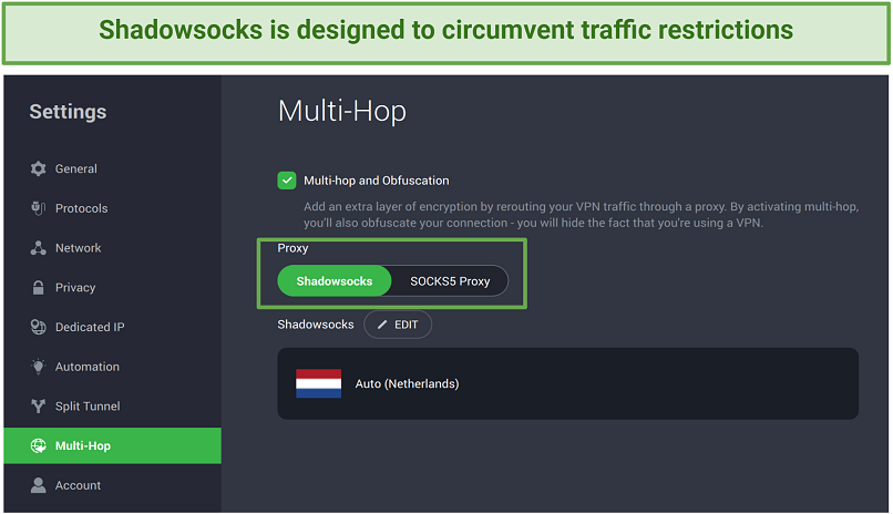 Screenshot of PIA's Multi-Hop and Shadowsocks settings
