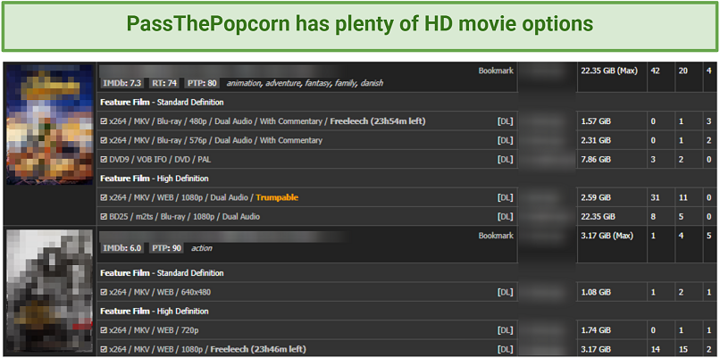 Screenshot of PassThePopcorn movie list