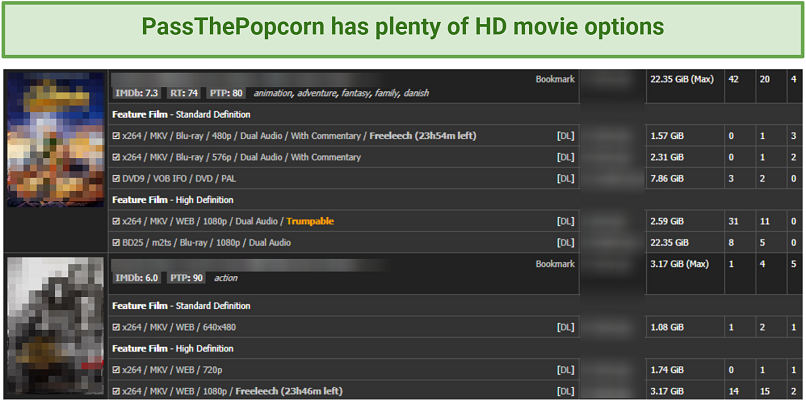 Στιγμιότυπο οθόνης της λίστας ταινιών pasthepopcorn