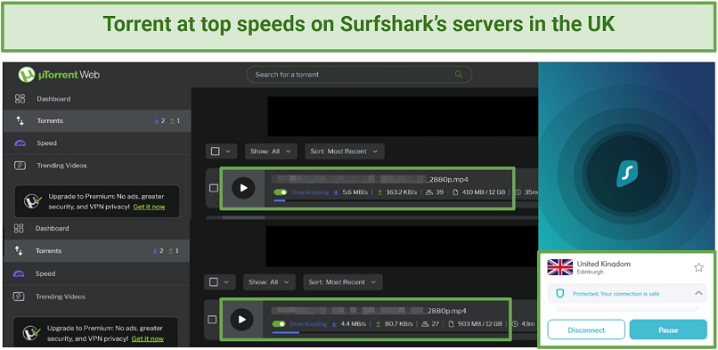 Picture of uTorrent client downloading a file with Surfshark connected to the UK server