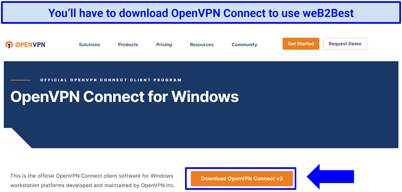 Screenshot of OpenVPN website where you can download OpenVPN Connect to use weB2Best