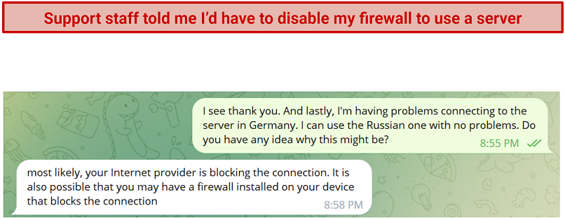 Screenshot of a Telegram chat I had with weB2Best support about accessing the German server
