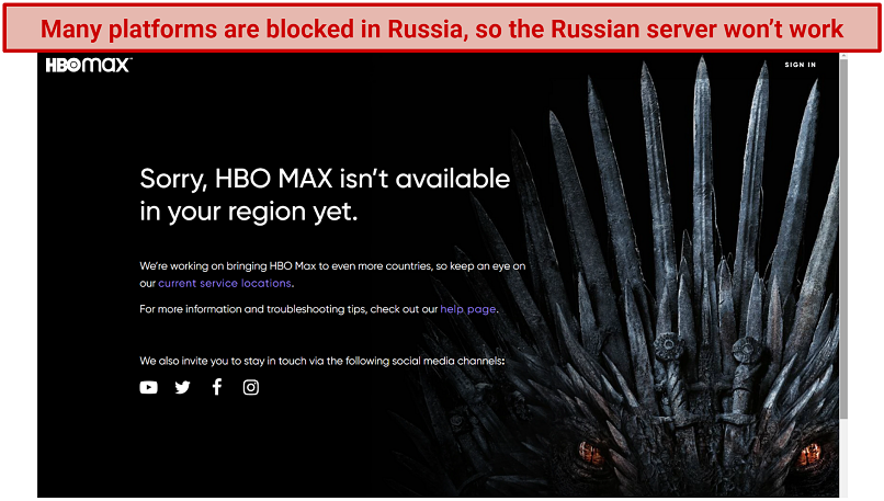 Screenshot of HBO Max blocking me while connected to weB2Best's Russian server