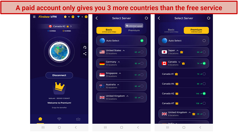 Screenshot of FirebeeVPN's server network showing where you connect to free and premium servers