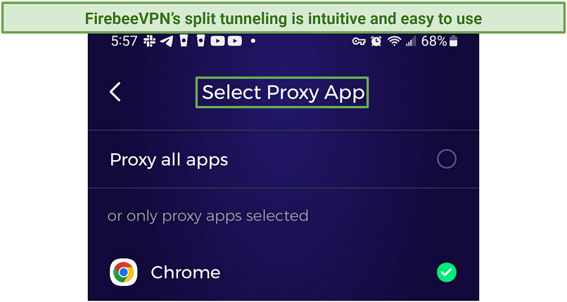Screenshot of the FirebeeVPN app highlighting what the split tunneling feature looks like