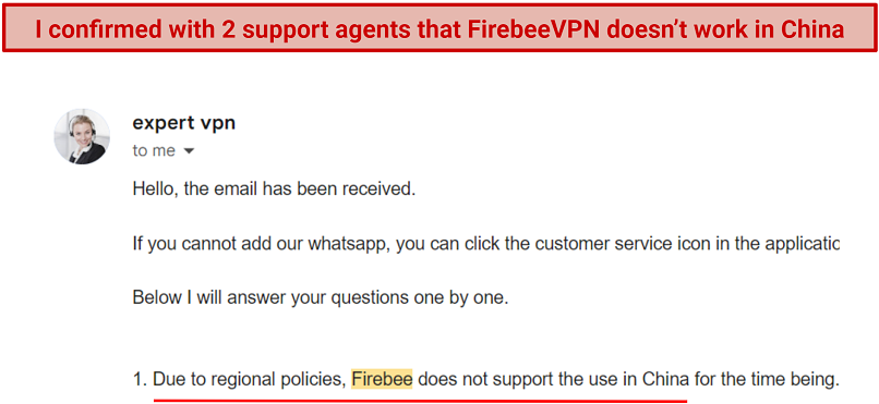 Screenshot of an email sent from FirebeeVPN support confirming it doesn't work in China