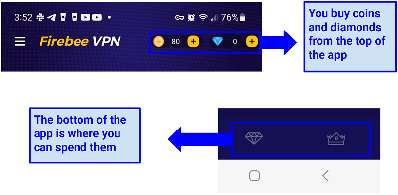 Screenshot showing where you purchase and spend Firebee's in-app currency