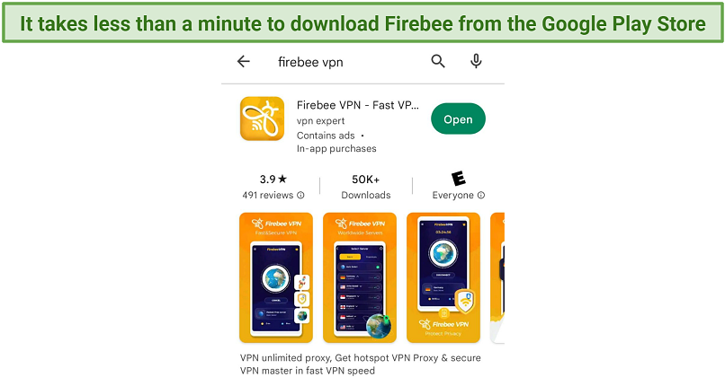 Screenshot of Google Play Store highlighting where you download FirebeeVPN