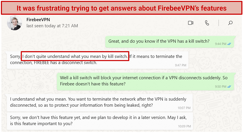 Screenshot of Whatsapp conversation with Firebee support where I learned there's no kill switch