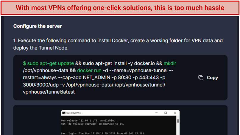 Screenshot of VPNHouse private server setup instructions