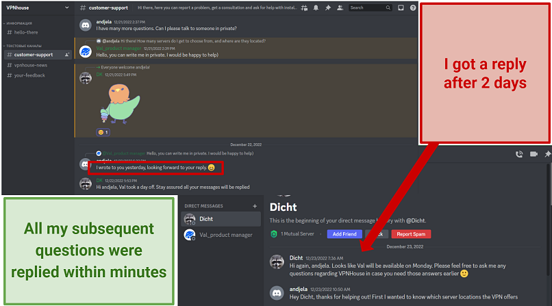 Screenshot of a chat with VPNHouse's customer service over Discord