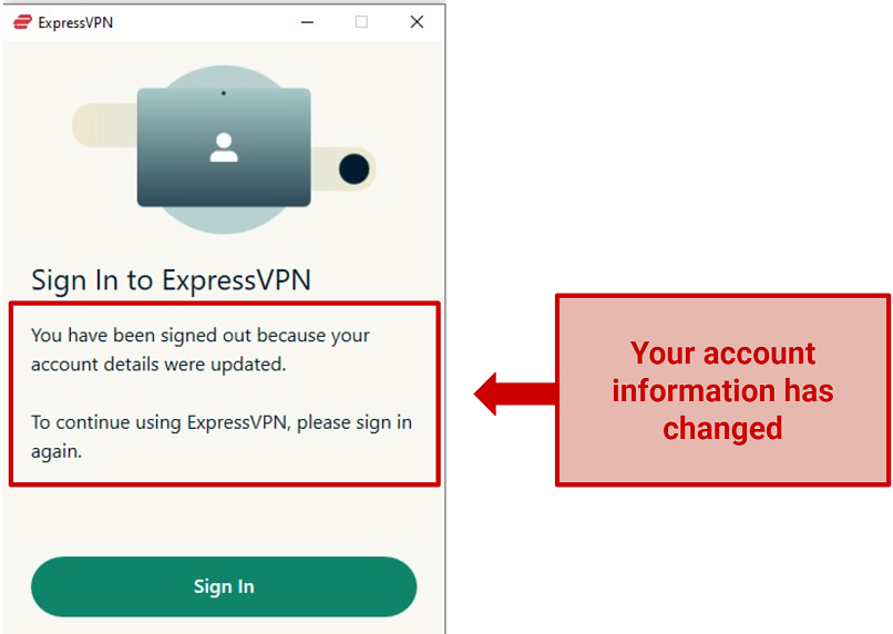 A screenshot of VPN UI showing changed account credentials