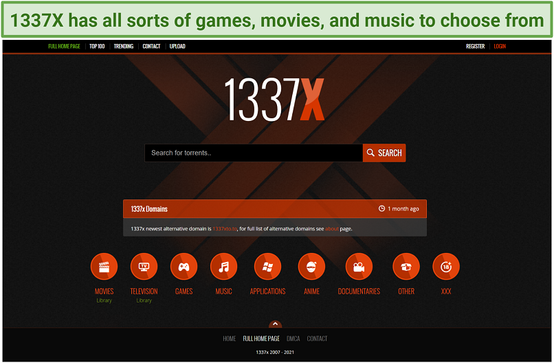 Screenshot of 1337X's webpage