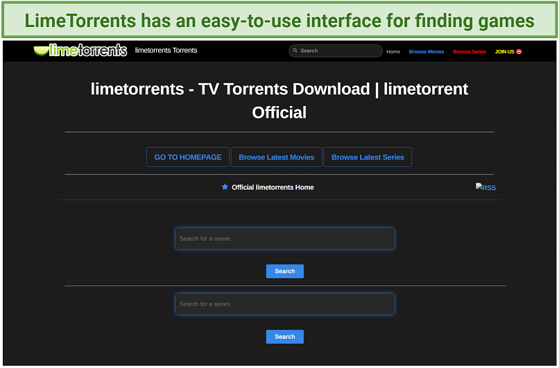 Screenshot of LimeTorrents homepage