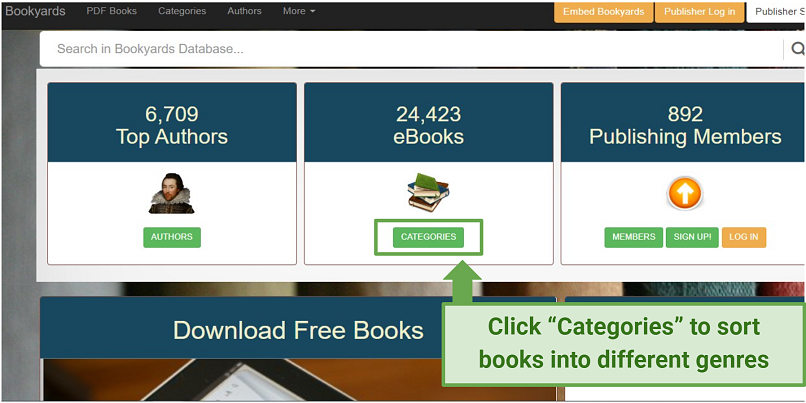 A screenshot of Bookyards ebooks homepage