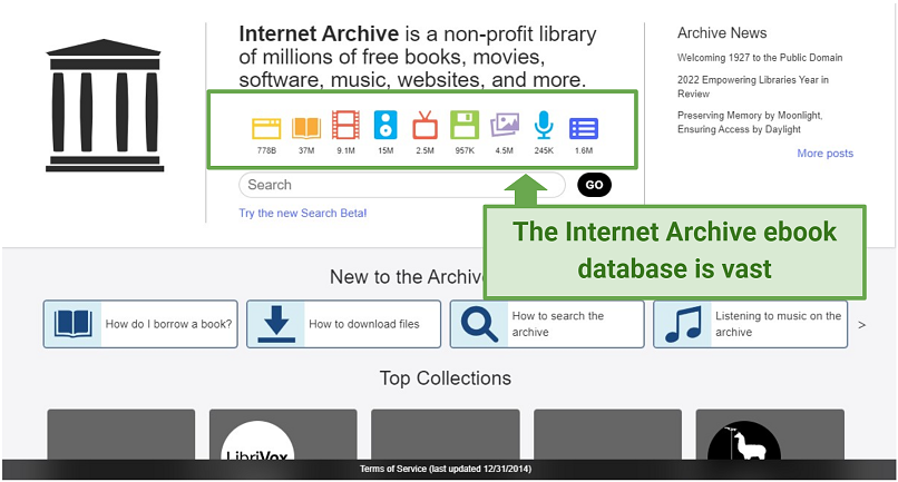 A screenshot of Internet Archive homepage