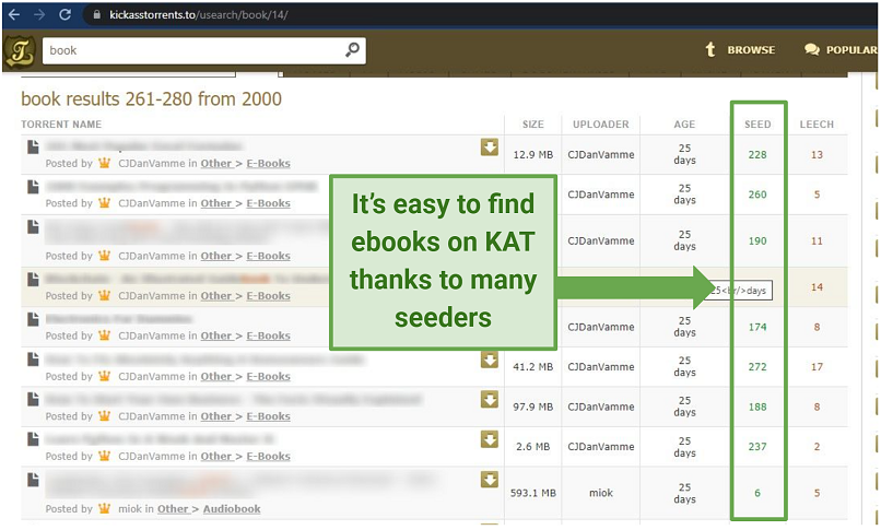 Screenshot of KickassTorrents search page