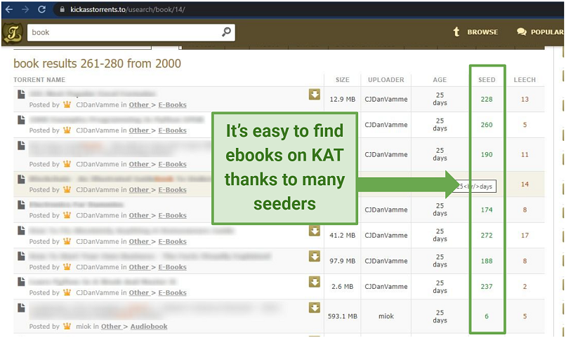 Capture d'écran de la page de recherche Kickasstorrents