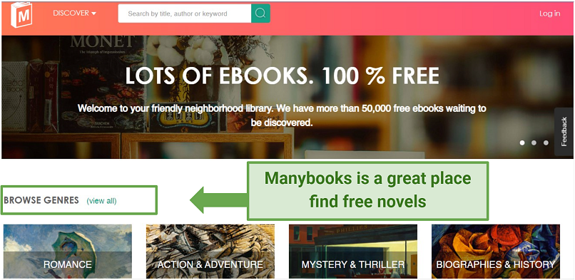 A screenshot of Manybooks ebook homepage