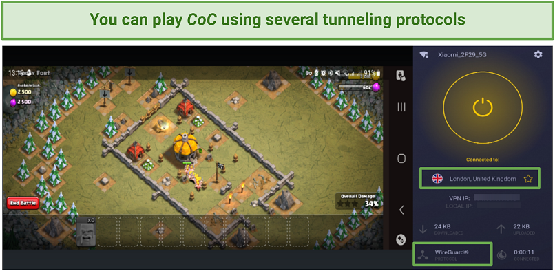 Image of CyberGhost app alongside CoC gameplay screenshot
