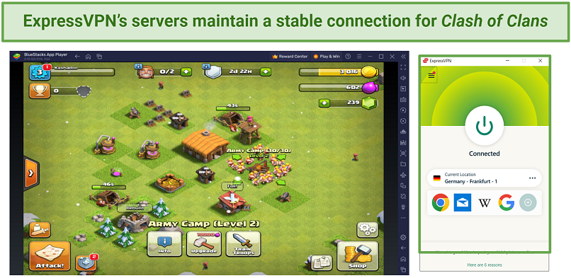 Screenshots of Clash of Clans on Bluestacks software with ExpressVPN connection