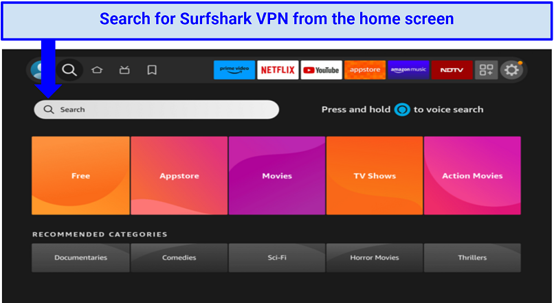 Screenshot of Fire Stick TV home screen with the search bar