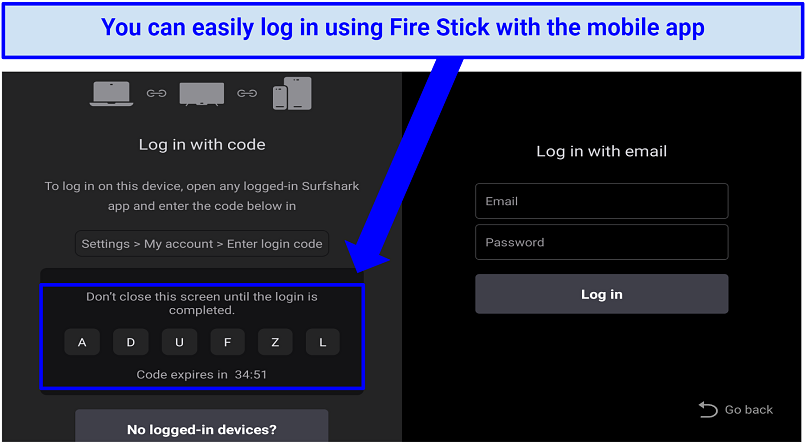 Screenshot of the Surfshark code for login on Fire TV Stick