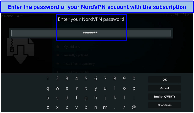 Screenshot of NordVPN add-on password authentication page