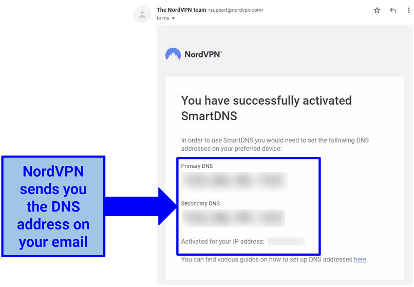 Screenshot of NordVPN's DNS address email