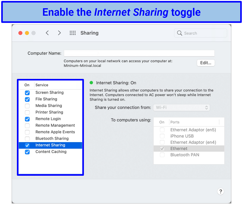Screenshot of macOS Internet Sharing settings