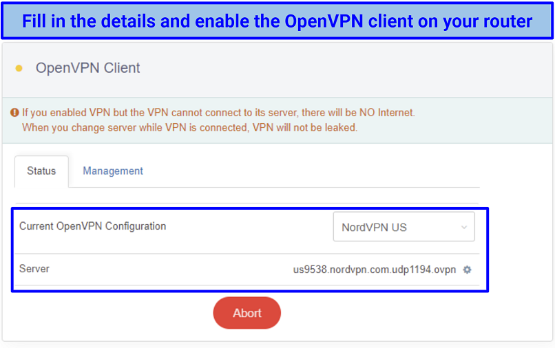Screenshot of OpenVPN client configuration in routers