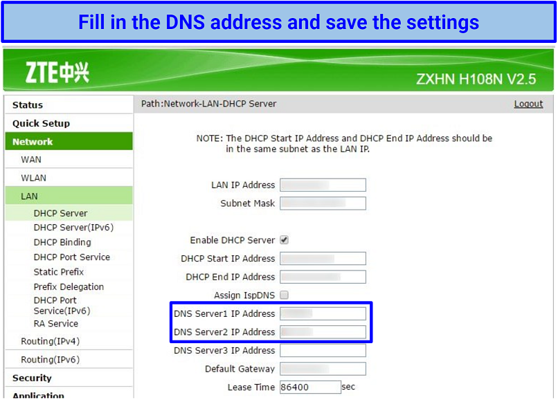 Screenshot of ZTE router DNS settings
