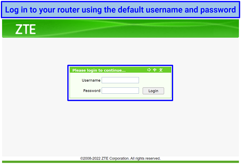 Screenshot of ZTE router's login page