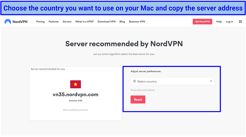 Screenshot of NordVPN's server tool page