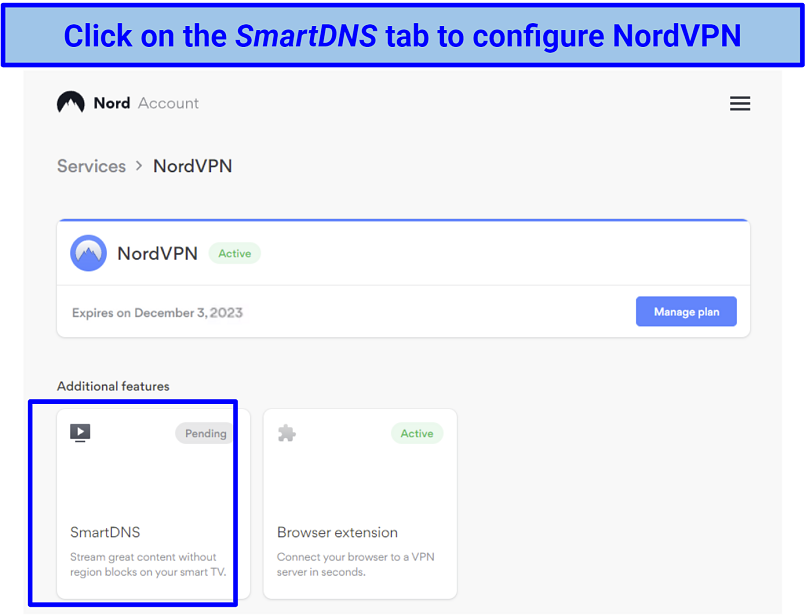 Screenshot of NordVPN's online dashboard