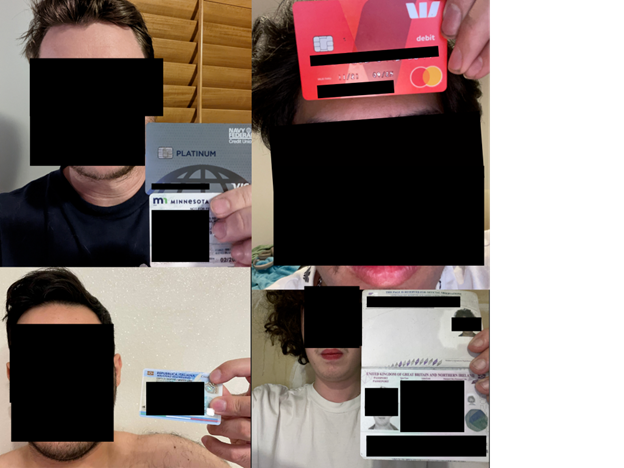 These four images were combined to show how Z2U users were instructed to take selfies with credit cards and identification documents.